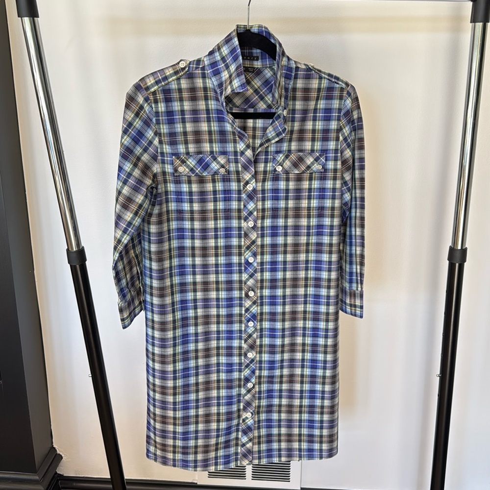 Theory blue brown plaid cargo shirt dress size 0